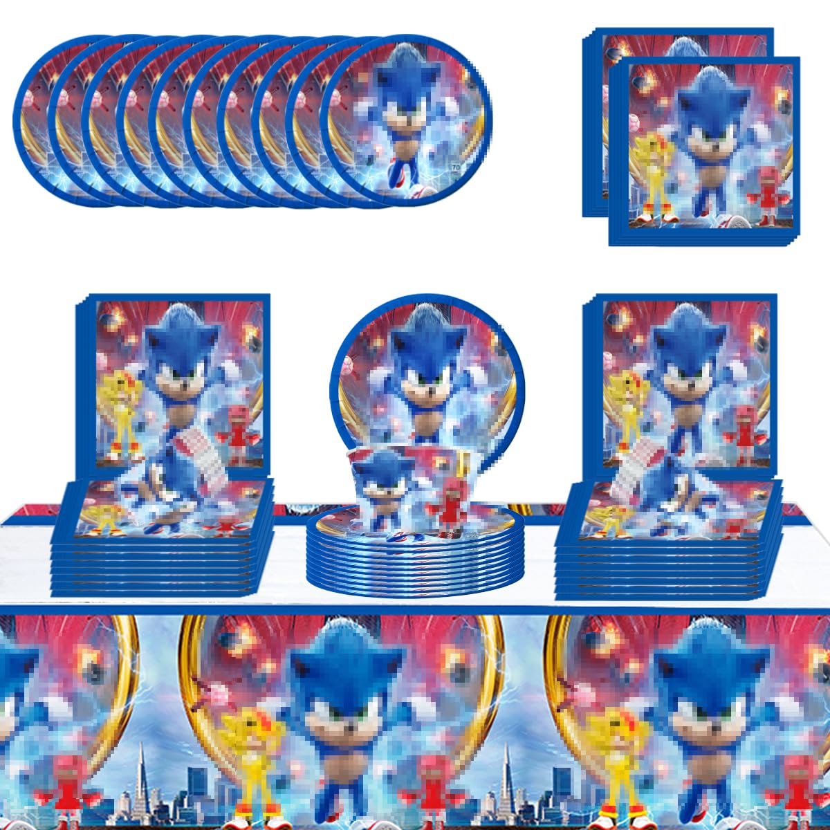 Kit Compleanno Tema Sonic - 116 Pezzi Per 24 Persone | Piatti, Bicchieri, Tovaglioli, Palloncini E Decorazioni