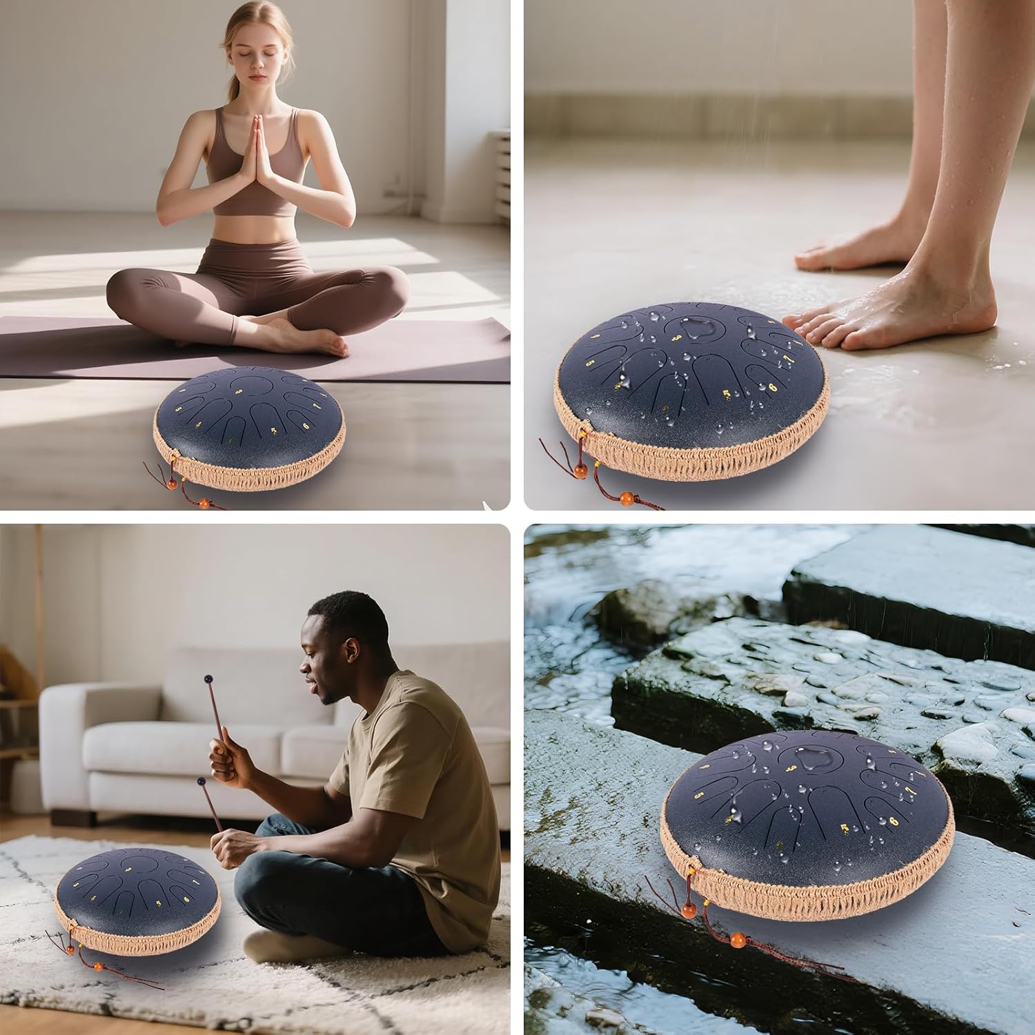 Steel Tongue Drum - 14 Inches 15 Notes Rain Drum -Large Metal Hand Pan Drum for Adults/Kids with Music Book, Handpan Mallets and Carry Bag,C Major Musical Instrument(Navy Blue)