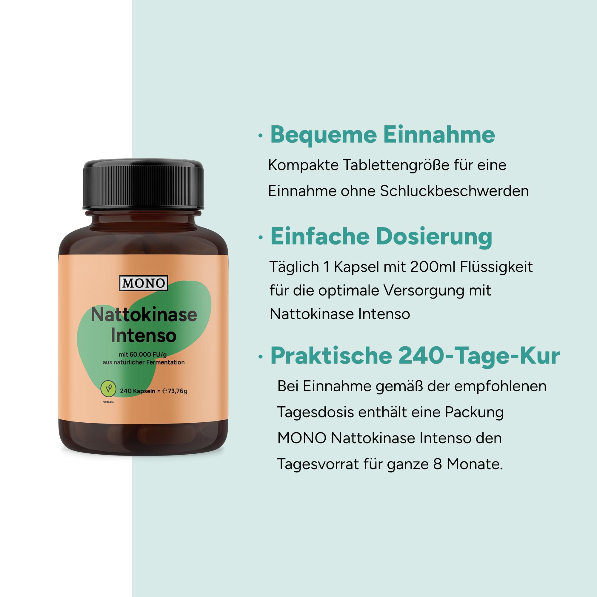 MONO Nattokinase hochdosiert - 240 Kapseln - 60.000 FU/g - natürliche Fermentation aus Sojabohnen - Endprodukt sojafrei – Nattokinase mit 2.800 FU/Kapsel - höchste Enzymaktivität - ohne Zusätze
