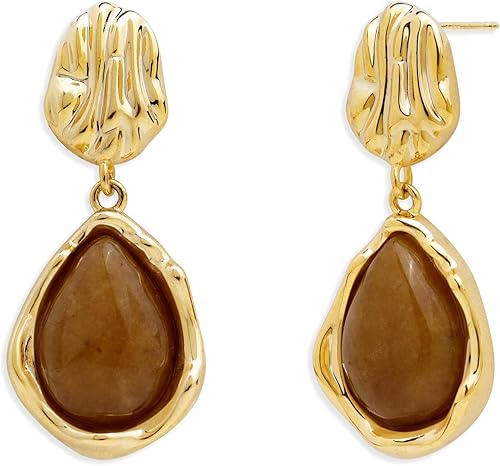 Jean Beau Gold Dainty Gemstones Dangle Drop Earrings for Women, Small Trendy Natural Stone Healing Teardrop Irregular Dangling Earings Prom Wedding