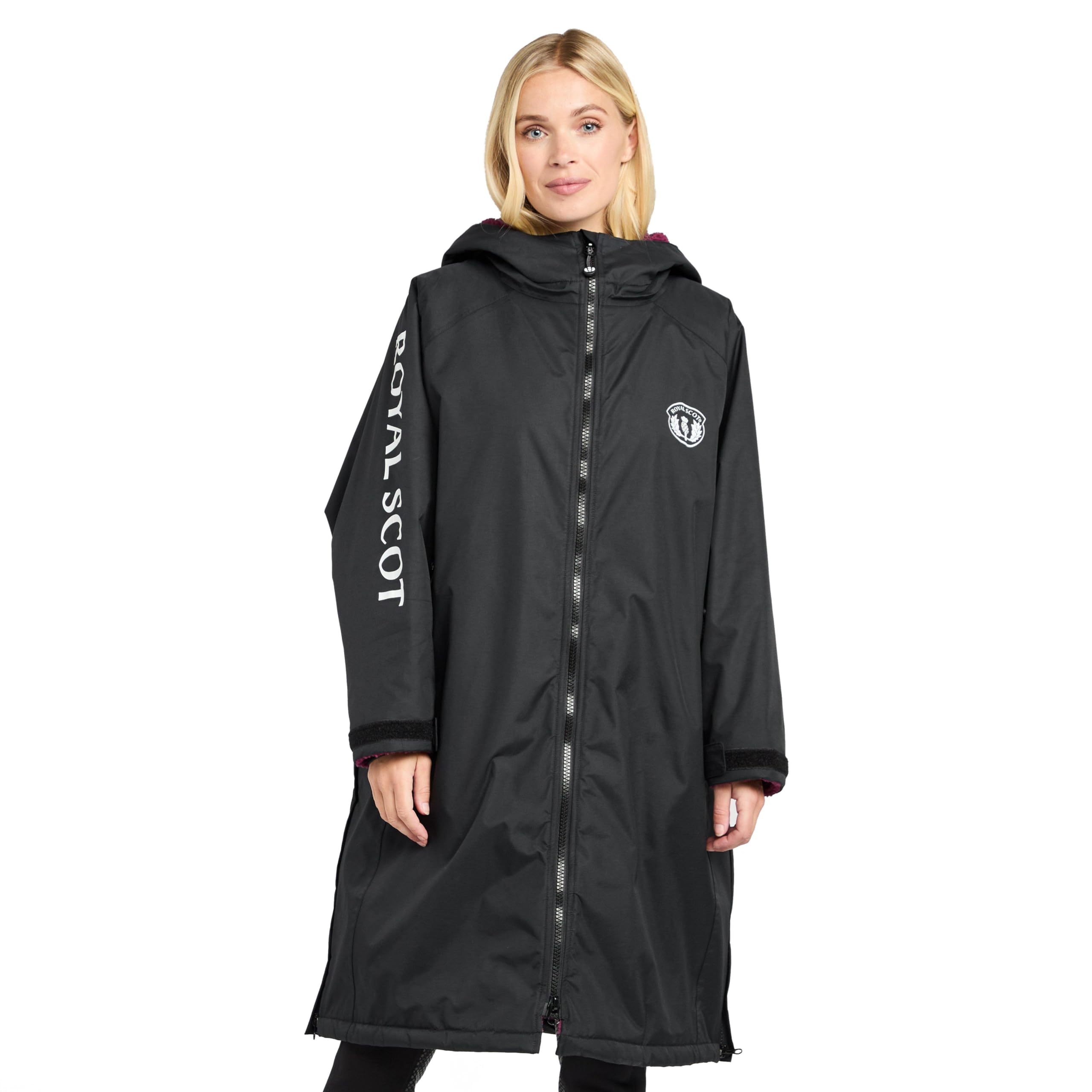Royal Scot Crystal Women's Black Royal Scot Neve Waterproof Riding Aquarobe Jacket, 2-Layer Fabric, Deep Pile Fleece Lined, Long Length, Oversized Fit, With Hood And Zipped Pockets (Uk, Alpha, M, Regular, Regular, )
