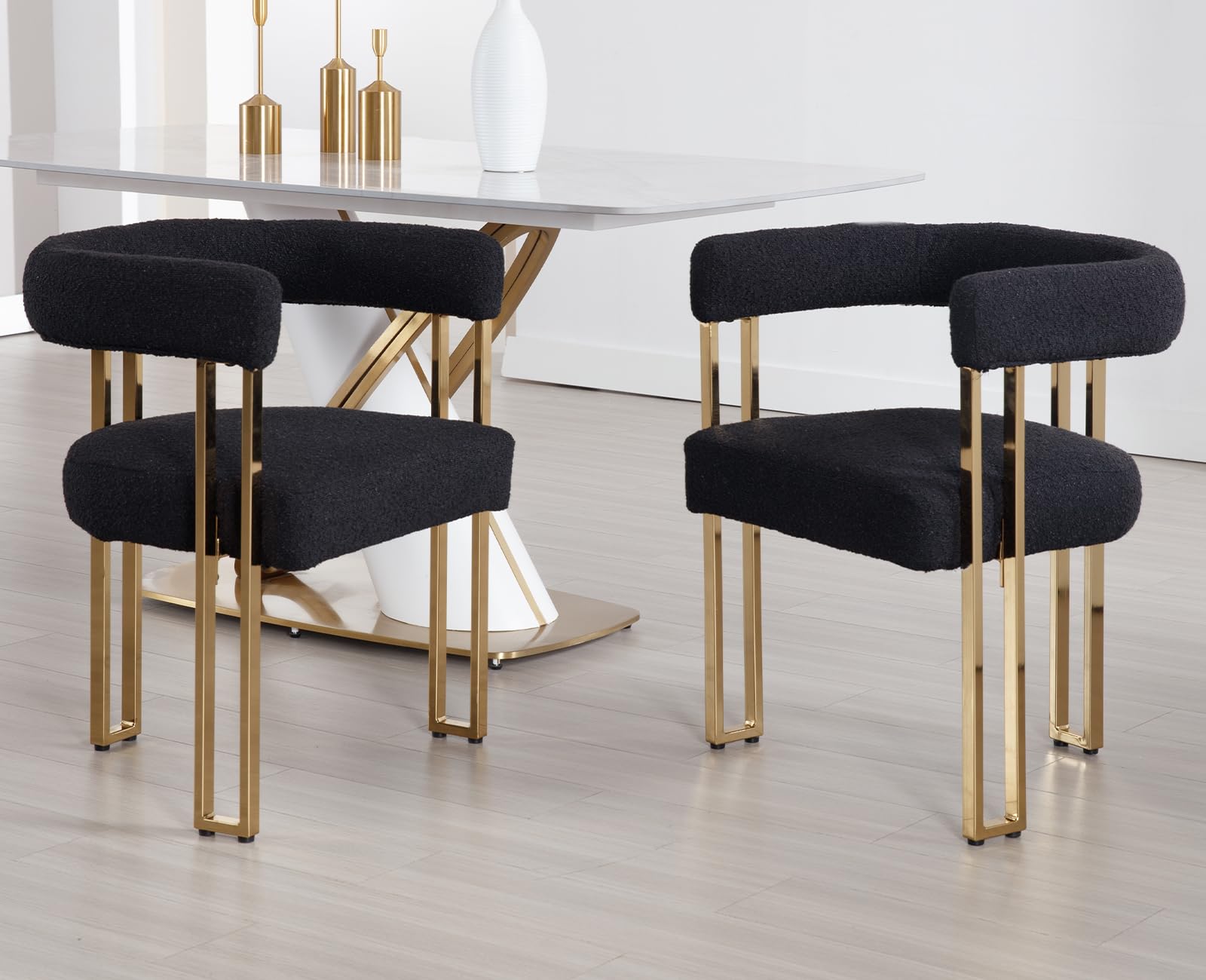 Kmax Dining Chairs Set of 2 Faux Fur Armchairs Modern Golden Metal Kitchen Chairs for Dining Room Living Room, Black