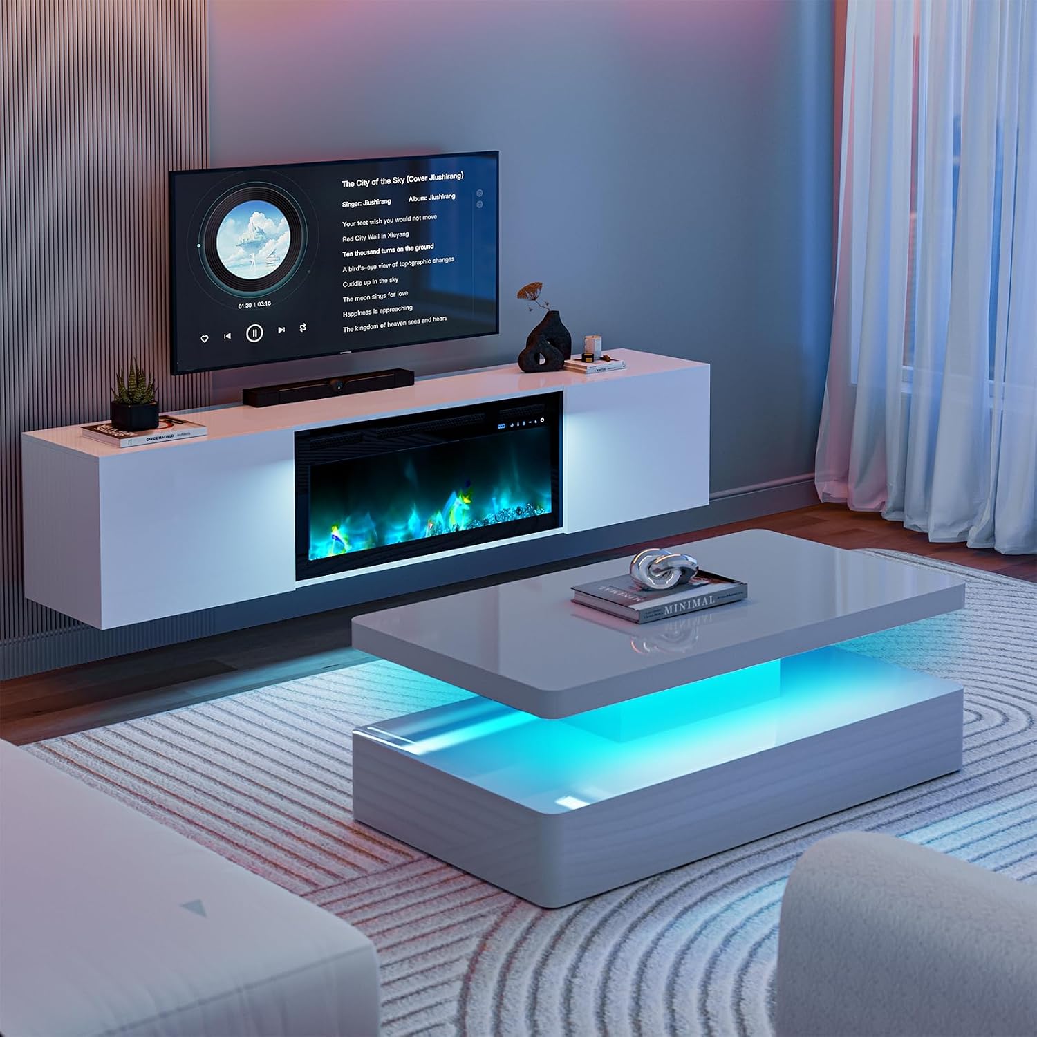 IKIFLY Floating TV Stand with 30" Electric Fireplace, High Glossy Wall Mounted Hanging TV Stand w/2 Cabinets, Modern Floating Entertainment Center Console for Living Room for TVs Up to 80+, White