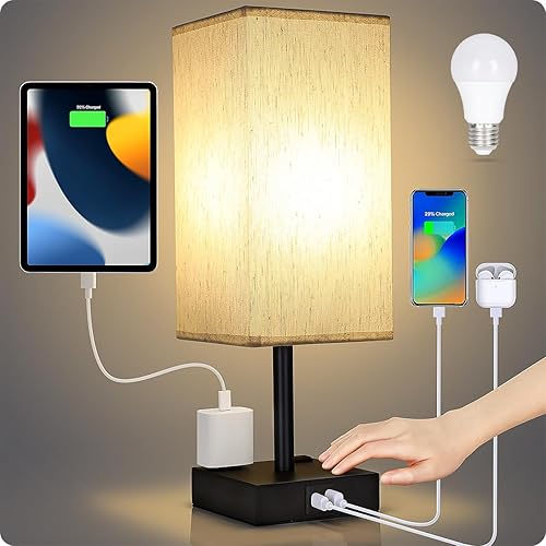 Miniatura 8 de Soilsiu Lámpara de mesita de noche para dormitorio, lámpara pequeña táctil con puertos de carga USB C+A y salidas de CA, luz regulable de 3 vías