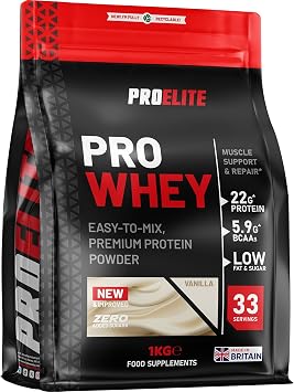 Pro Whey Protein Powder 1kg - Vanilla | 33 Servings, 22g Protein & 5.9g BCAAs per Serving | Muscle Support | No Added Sugar, Low Fat & Carbs | Vegetarian by PROELITE