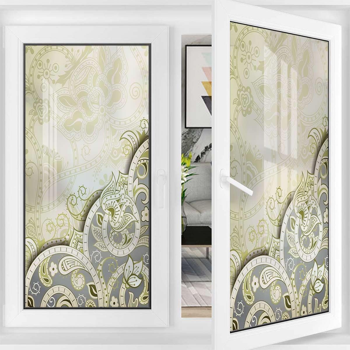 Yellow White Window Sticker Non-Adhesive Glass Film Abstract Flora Leaf Window Film Privacy Frosted Window Film Static Cling Traditional Design 35.4Wx59L-inch