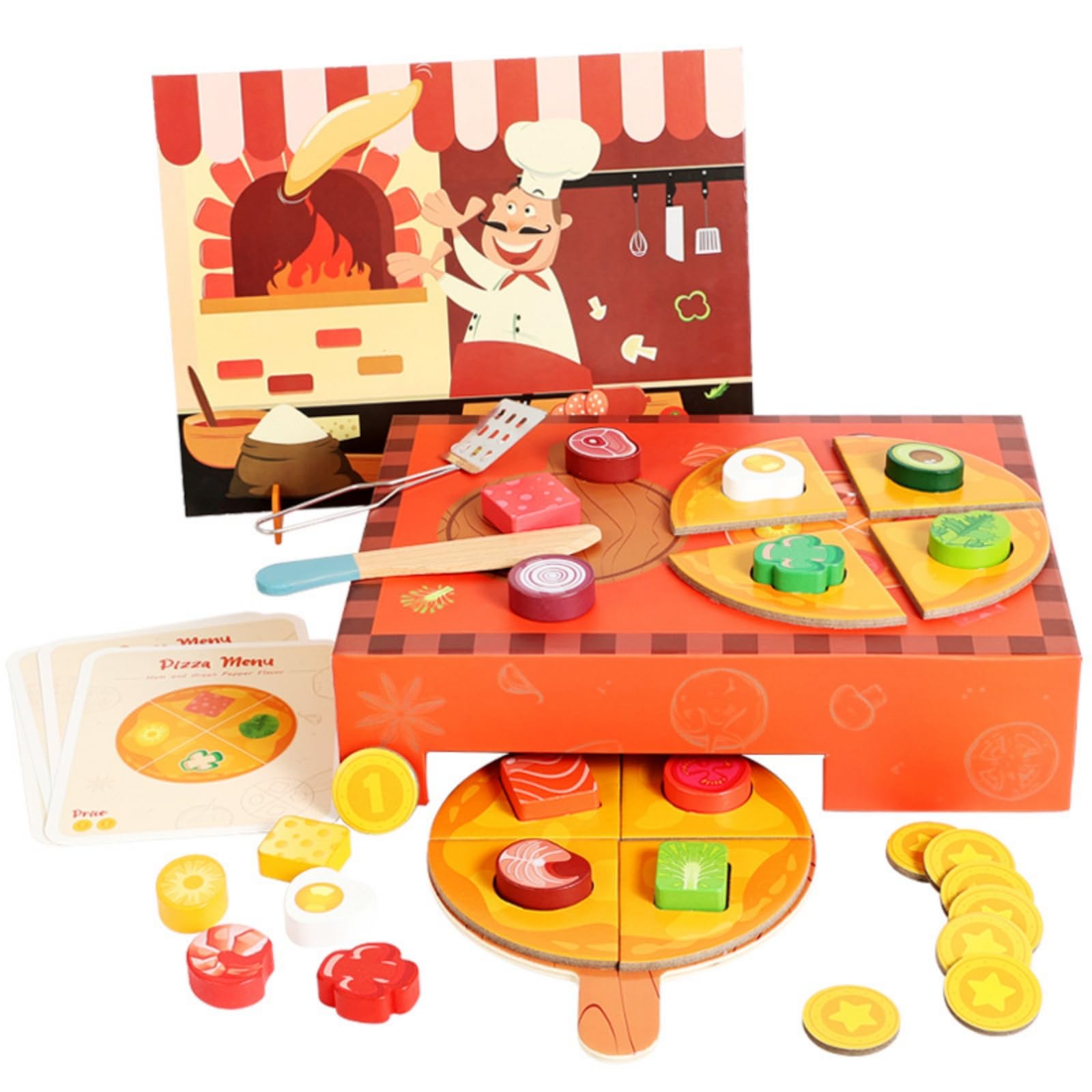 Set Pizza Giocattolo in Legno Educativo Gioco di Simulazione Pizzeria in Legno Sviluppa Motricità Fine Set Pizzeria Giocattolo con Accessori per Casa