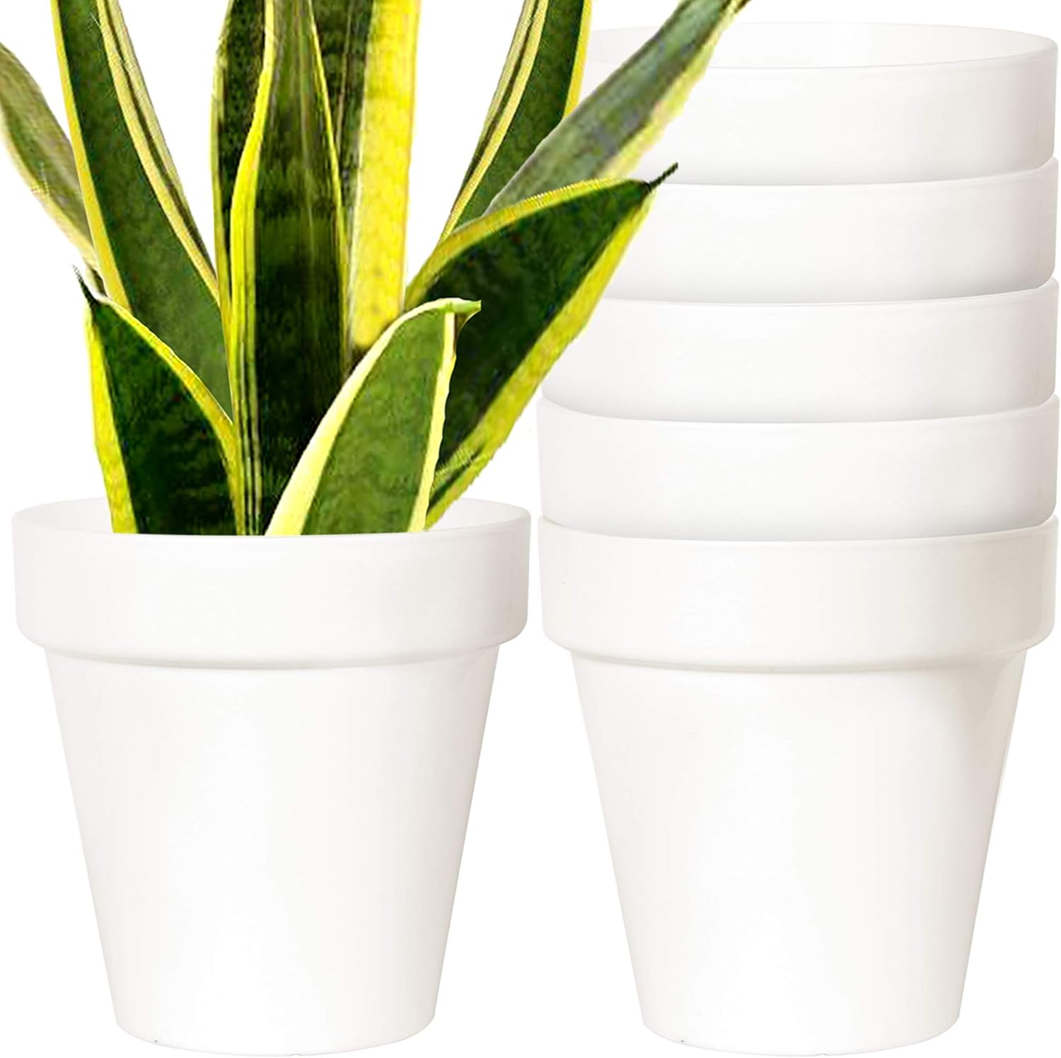 Youngever 7 Pack 6.5 Inch Plastic Planters, Indoor Flower Plant Pots, Classic Decorative Gardening Pot with Drainage(White no Saucers)