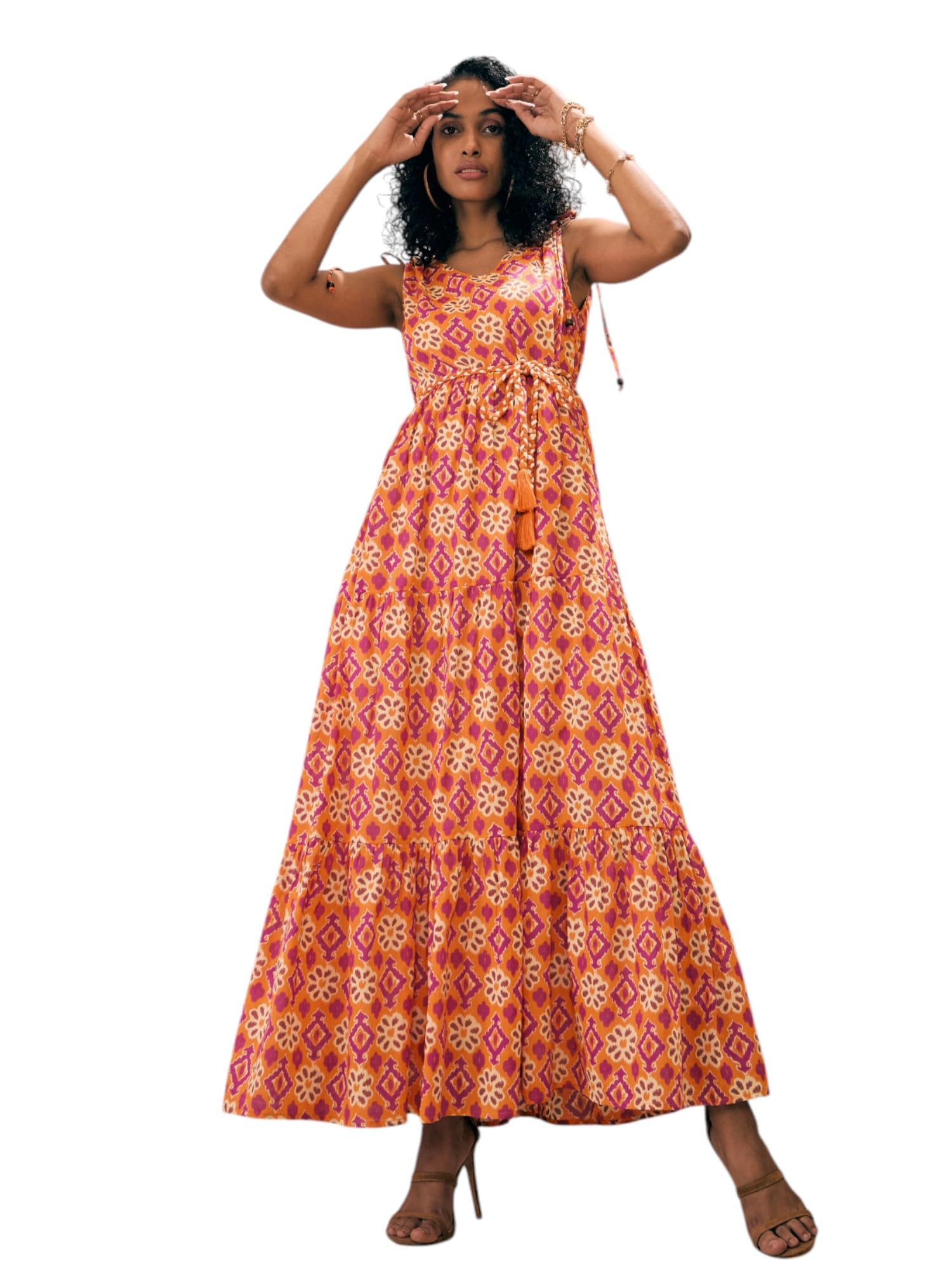 Ikat Print Shoulder Tie Belted TieMaxi-image-23