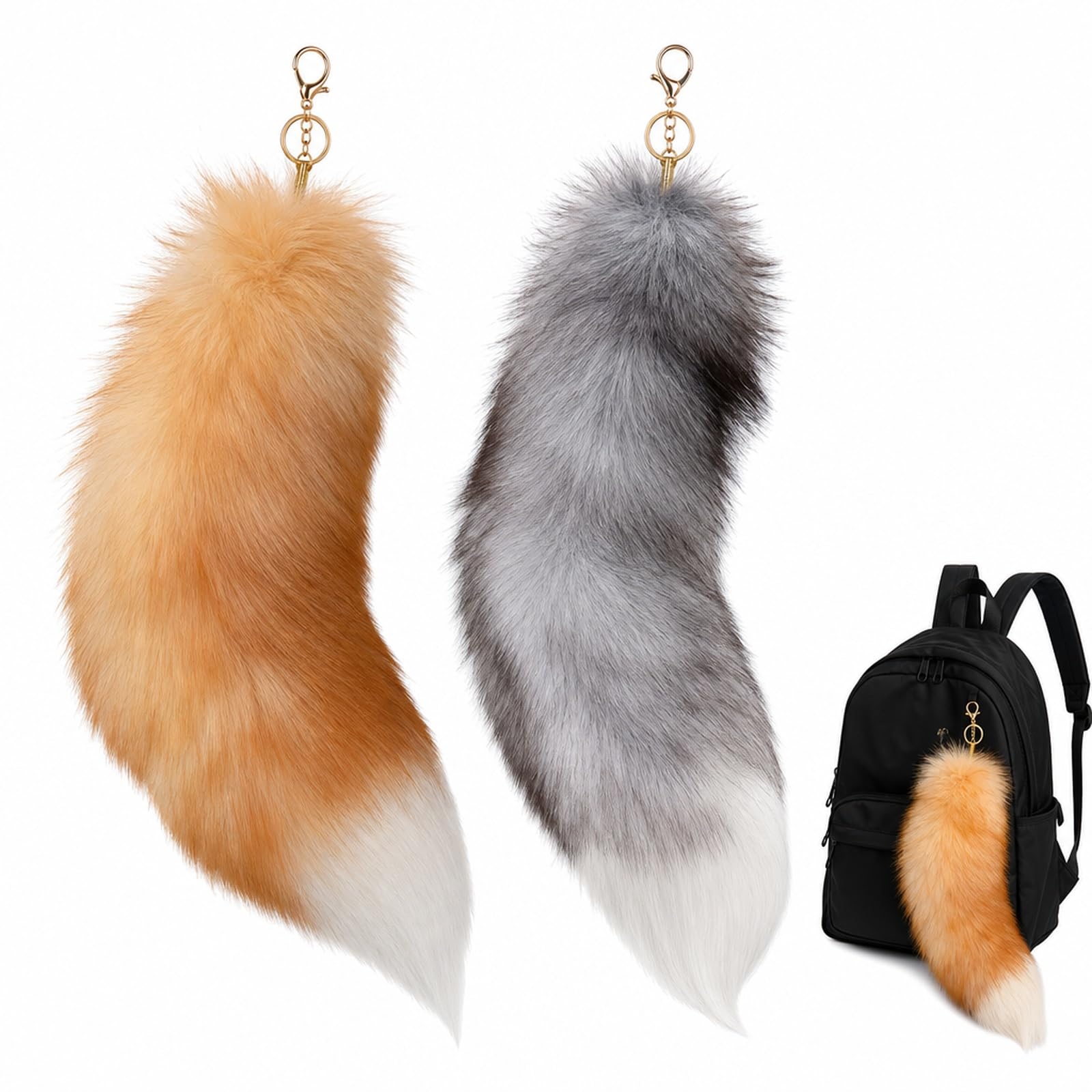 BLBATBK 2PCS Fox Tail Set, 20cm Therian Tails Desktop Display,Mystic Fox Gold Tail, Silver Blue Tail, Desktop Display Piece, Cosplay Decoration, Fashion Accessory, Role-Playing Prop