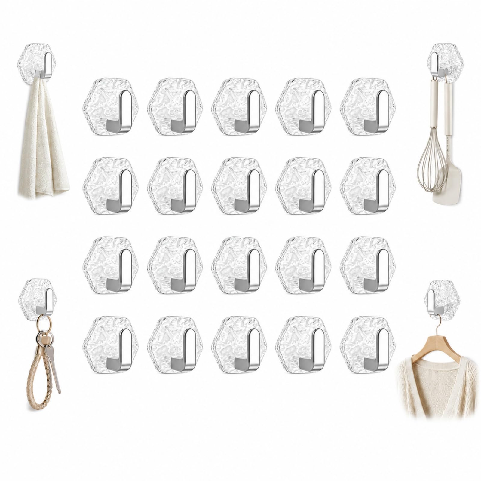 ZrdlqlLcjxy Water Ripple Hexagonal Self Adhesive Hooks, Drill Free Wall Hangers, Transparent Key Holder for Bathroom, Kitchen, Office, Living Room，20Pcs（Silver）