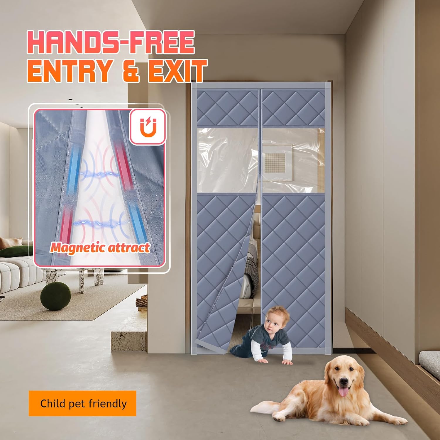 Insulated Door Curtain Fits Size 36" X 82" Magnetic Thermal Screen Winter Oxford Cloth Thicken Cotton to Keep House Warm as Temporary to Soundproof (with Clear PVC Windows)