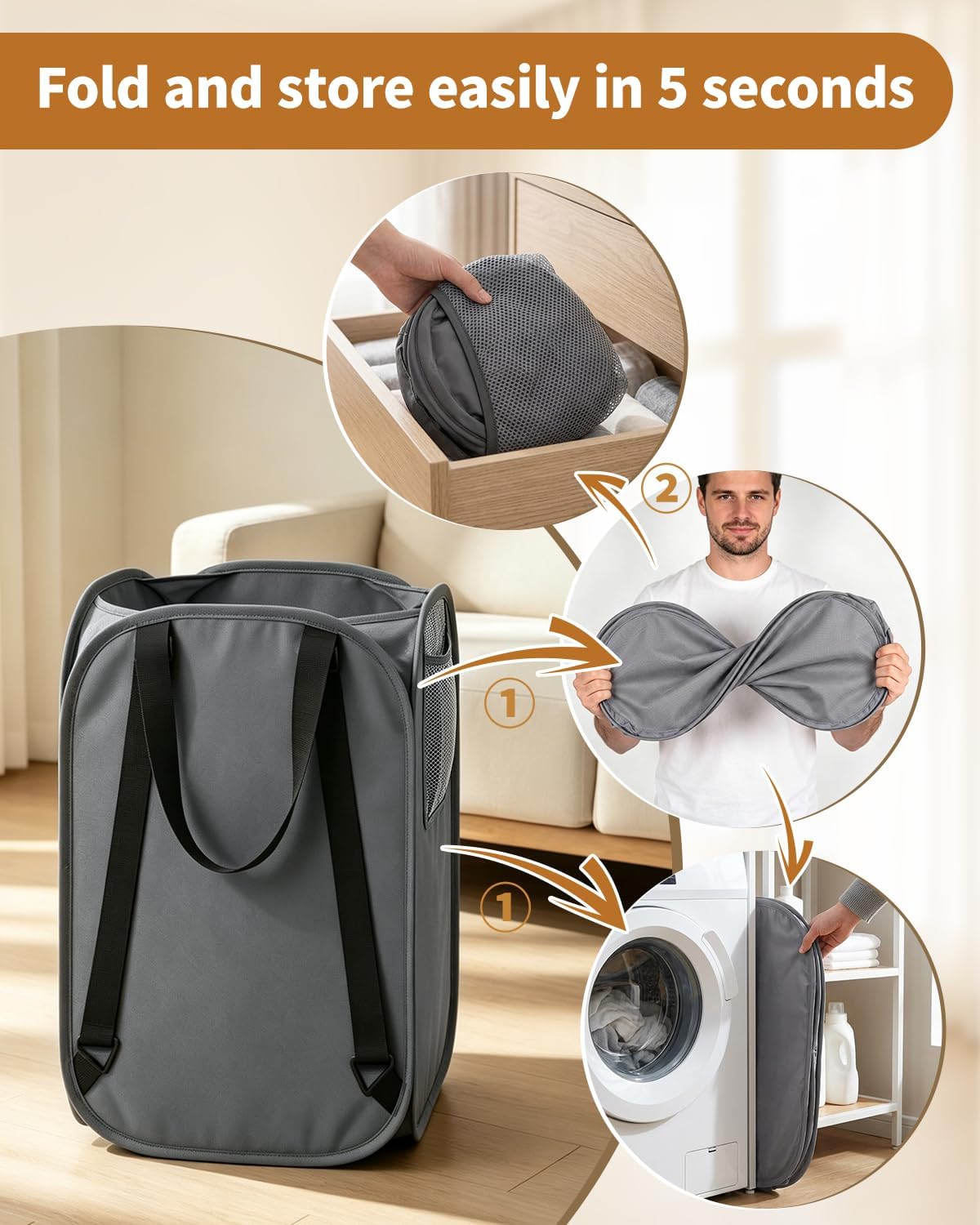 House Again 76L Laundry Backpack, 210D Oxford Heavy Duty Laundry Bag Backpack with Adjustable Shoulder Straps, Foldable Laundry Bag for College Dorm and Travel, Grey