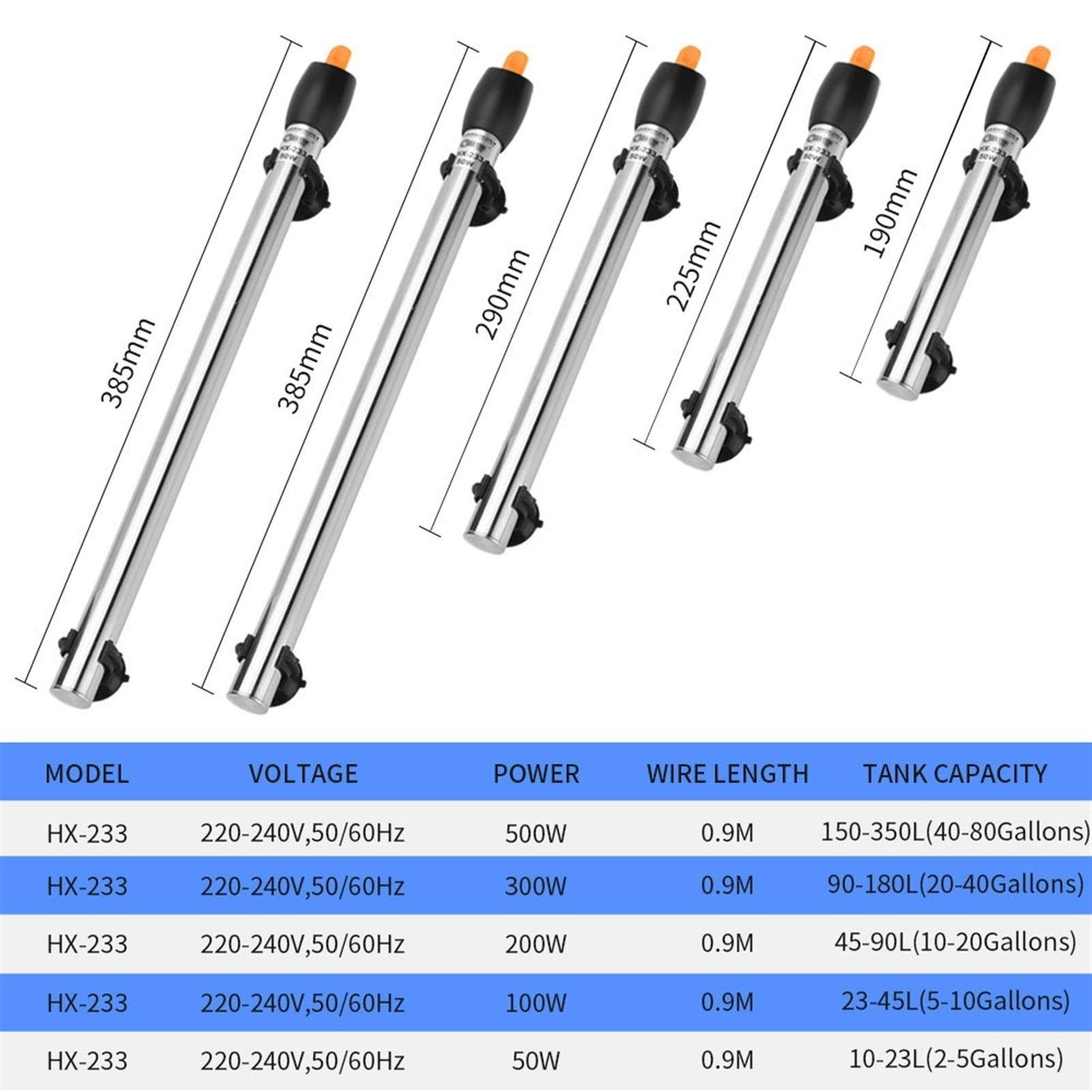 Riscaldatore per Animali Domestici Acciaio Inox Acquario riscaldatore Regolabile Asta di Riscaldamento ad Immersione Termostato for Fish Tank 50W / 100W / 200W / 300W / 500W (Color : 500W)