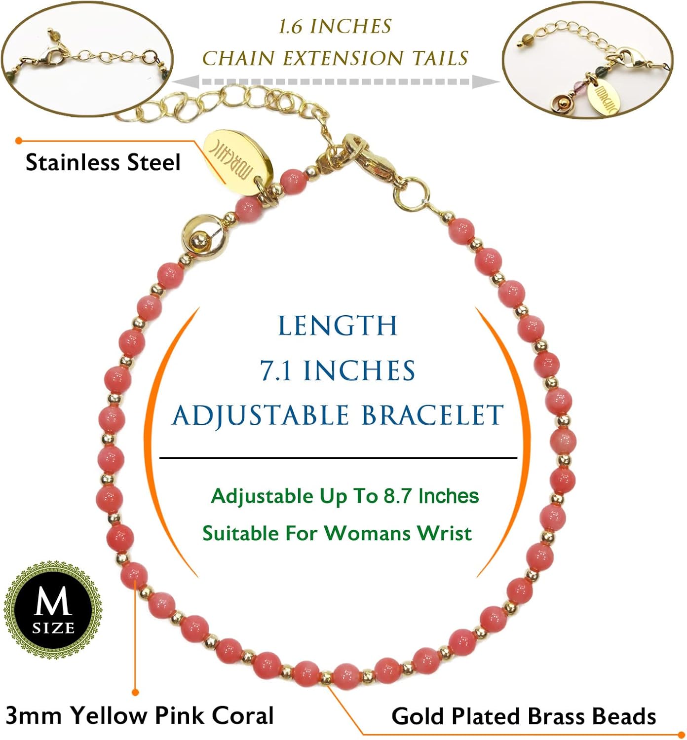 Morchic 3mm Tiny Beads Natural Gemstone Bracelet for Women, Adjustable 7.1" Energy Gem Charm Jewelry, Dainty Handmade Birthday Gift - Image 2