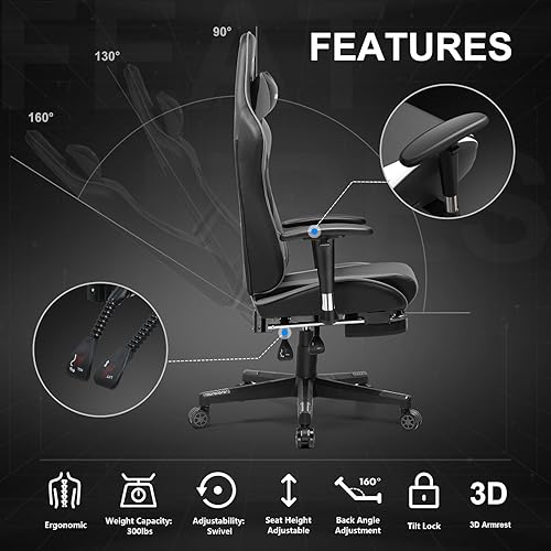 Miniatura 7 de GTRACING Silla de juegos con reposapiés, silla ergonómica de escritorio para juegos de computadora, silla reclinable, ajuste de altura del asiento,