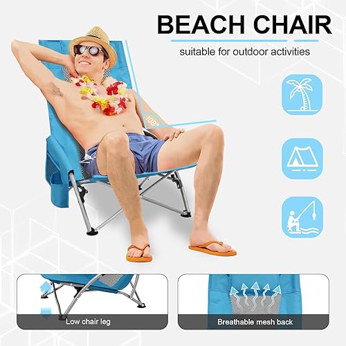 Miniatura 6 de BESTHLS Sillas de playa bajas para adultos, paquete de 2, sillas de arena plegables con respaldo alto para playa, con portavasos y bolsa de