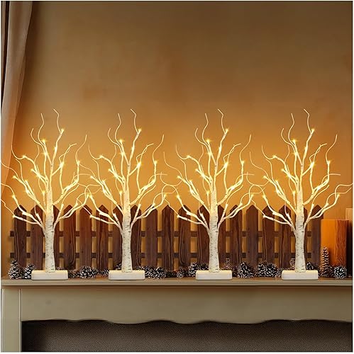 Miniatura 4 de EAMBRITE Árbol de abedul con luces LED para decoración de Navidad en interiores, árbol de mesa iluminado de 22 en 24 LED, ramita blanca, funciona