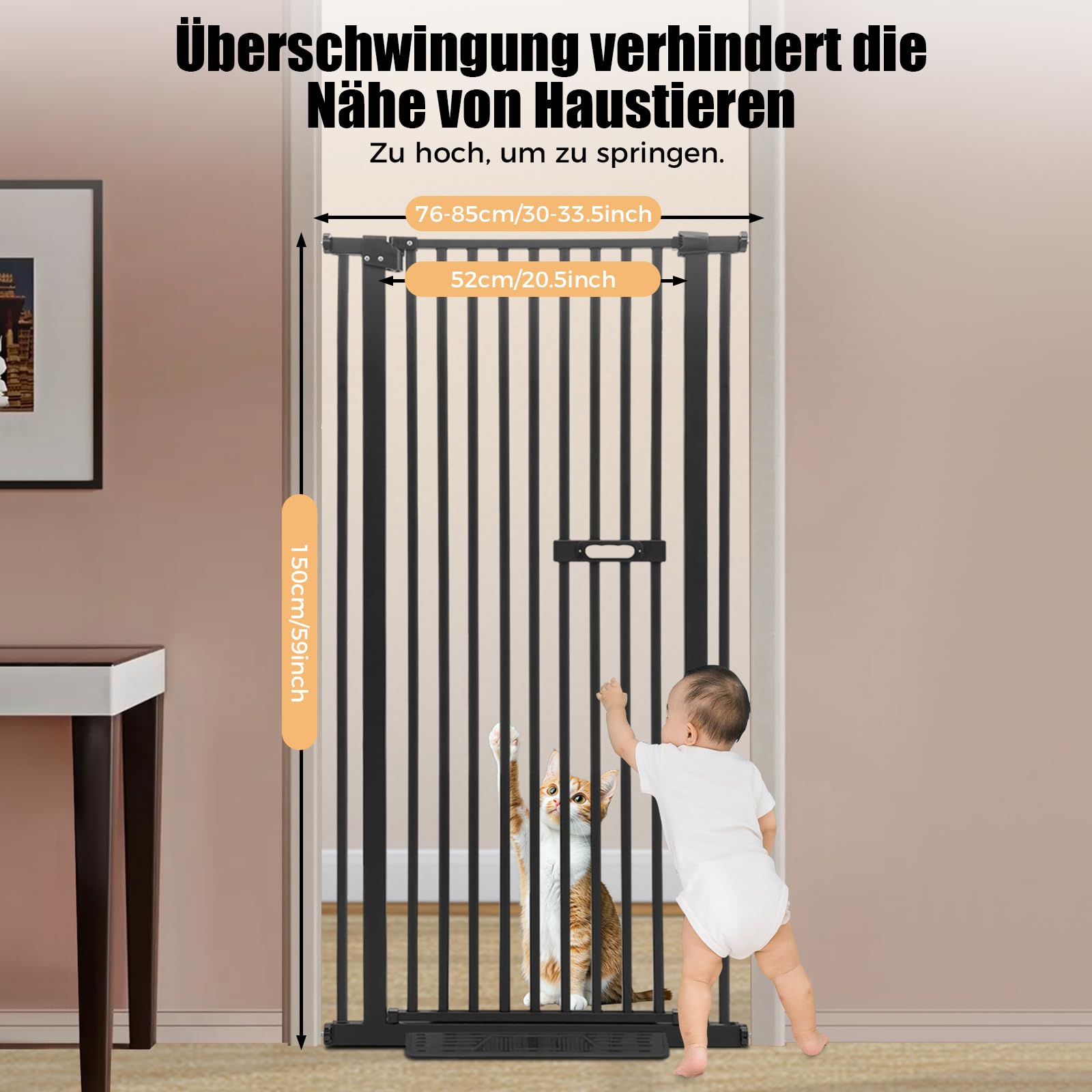 Treppengitter Schutzgitter für Haustiere Extra Hoch 150cm, Treppengitter Ohne Bohren Hundezaun Versenkbare Tür Sicherheitstor mit 2 rutschfeste Fußpedale, für Kinder und Haustiere