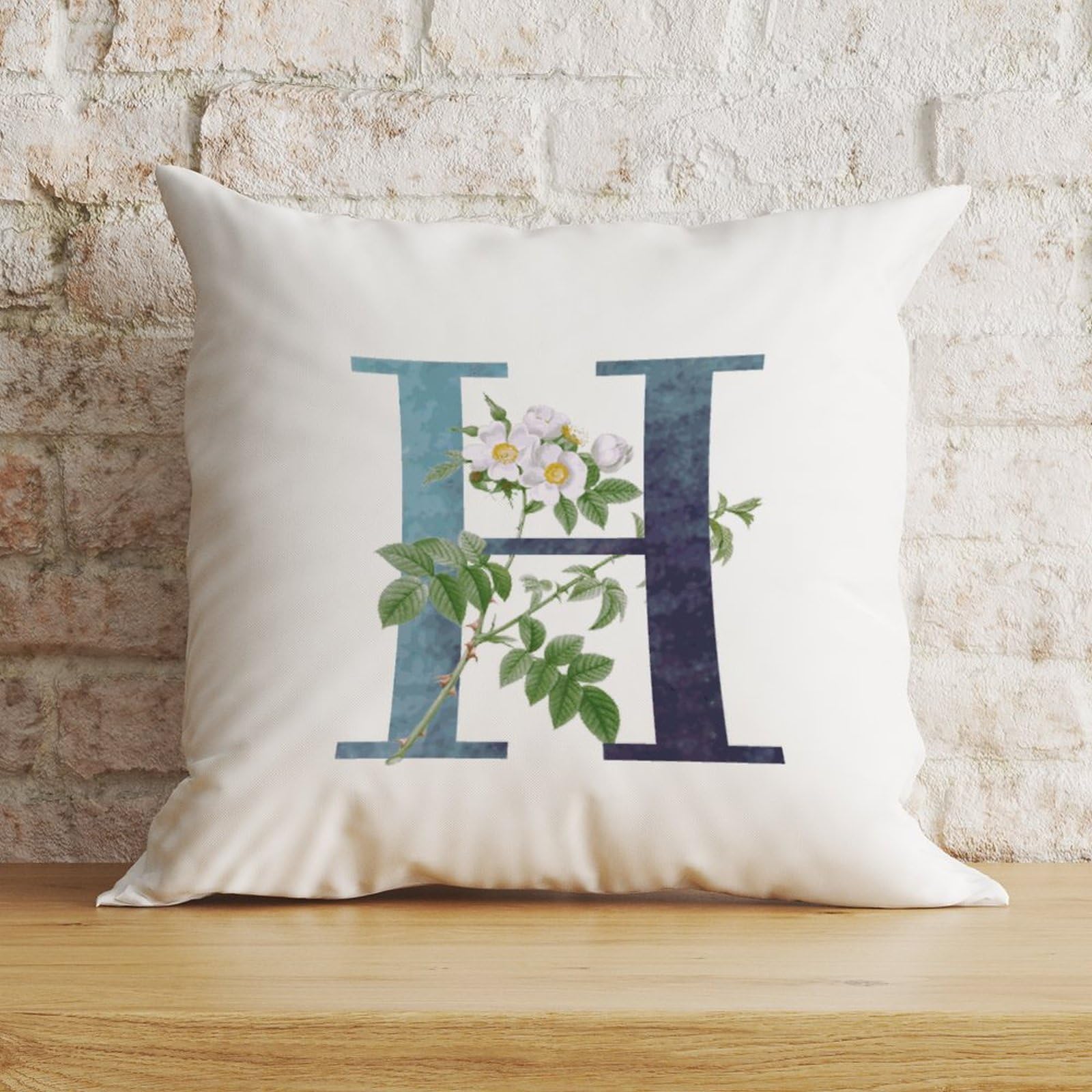 Zyadsinoudor Initial Letter H Blue Throw Pillow Case Monogram White Floral Pillow Case Single Letter 22x22in Decorative Pillow Home Cotton Linen Classic Pillowcase For Sofa Couch Bed Chair Car