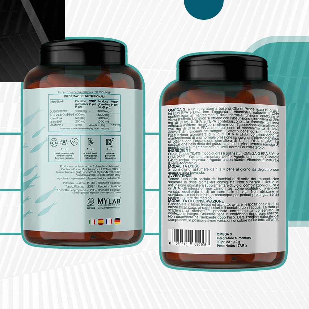 Omega 3 Olio di Pesce FOS 1000 mg - Capsule softgel ad Alto Dosaggio EPA 500 mg DHA 250 mg - Integratore, Pressione, Cuore e Memoria - Certificato Pesca Sostenibile FOS (180 Unità (Confezione da 2))