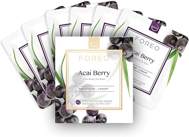 FOREO Acai Berry UFO Activated Facial Mask for Dry and Aging Skin, 6 pack, Antioxidant, Smoothing, Plumping, Hydrating, Acai Berry & Shea Butter, Cruelty-Free, Clean, Compatible with all UFO devices
