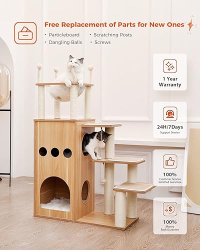 Miniatura 7 de MUTTROS Árbol de madera para gatos, torre moderna para gatos de 50 pulgadas con condominio de 2 pisos, postes rascadores de sisal para muebles de