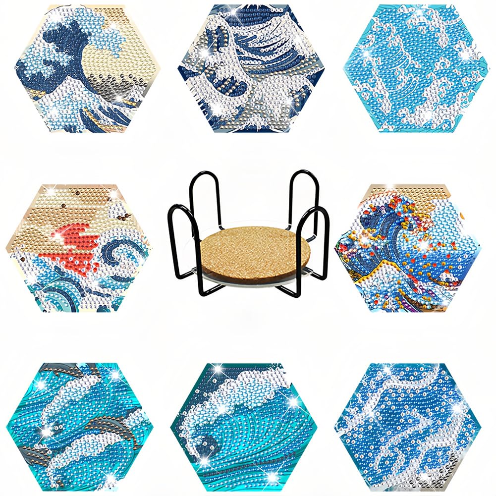 Vexthorion 8 Pcs Diamond Art Painting Coasters Kits,Cute Coaster with Holder for Adults, Non-Slip DIY Dot Paint Craft Kits,5D Full Drill DIY Diamond Dot Gem Art Kit Home Decor Arts Craft (Waves)