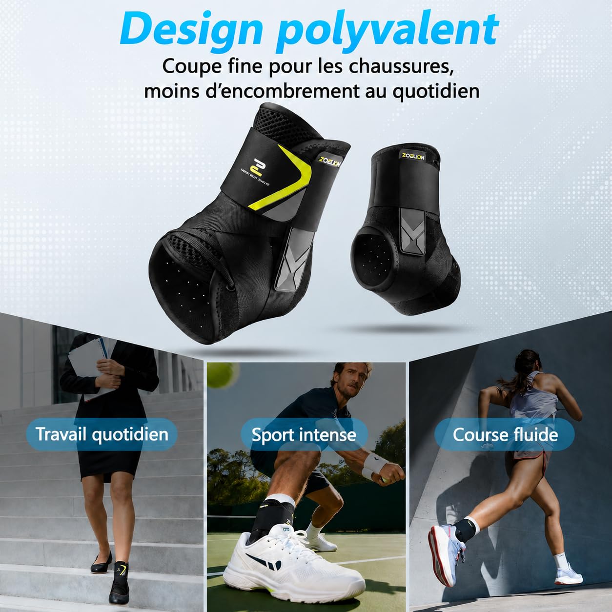 ZOELION Chevillère Entorse, Attelle Cheville Réglable avec Strap 360° et Laçage Rapide, Coussinets Latéraux, Coupe Fine Respirante pour Foulure, Sport, Achille, Fasciite Plantaire, Homme Femme, L