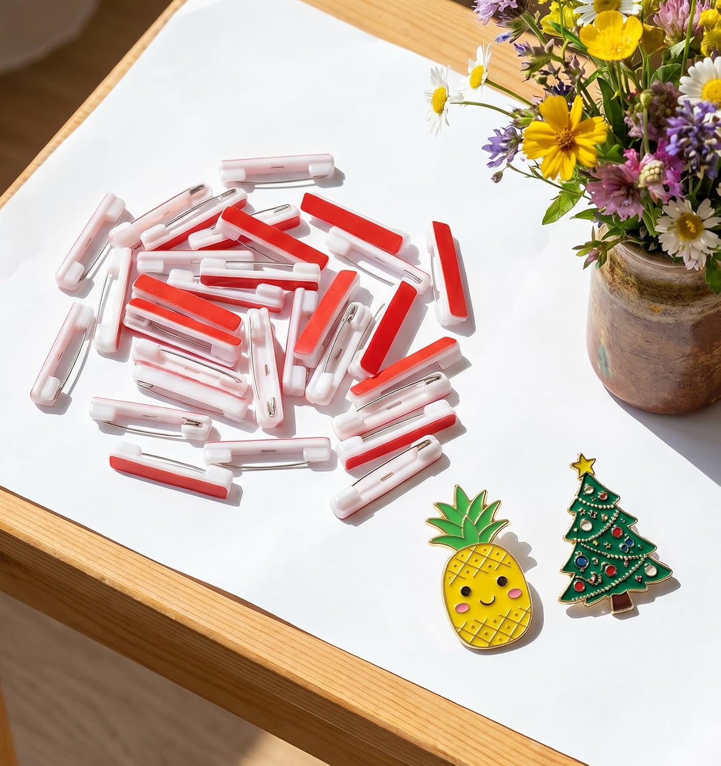 60 Pcs Badge Pins, White Name Tag Pin with Red Adhesive Strips for ID Card Badge, DIY Crafts, and Events (1.45 Inch)
