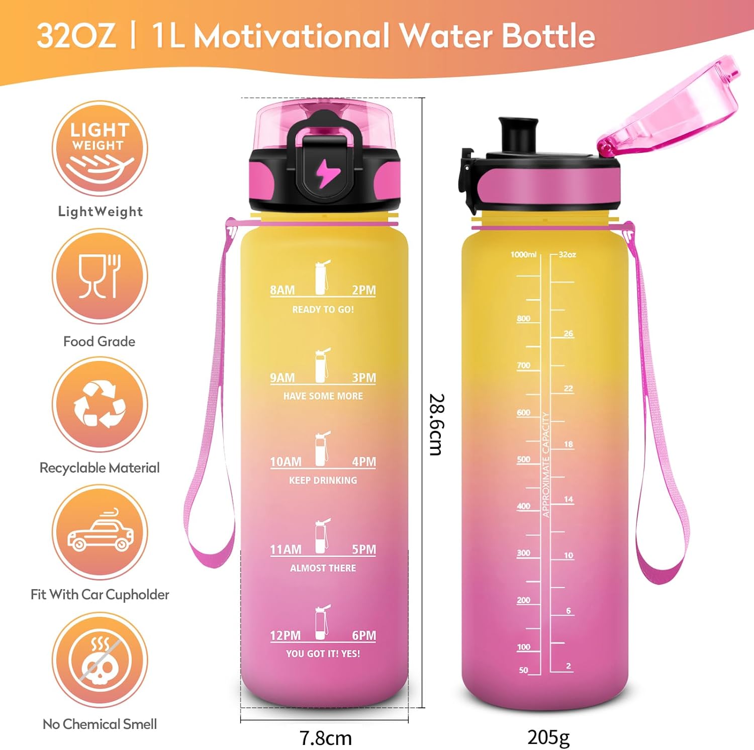 KollyKolla 1L Leak-proof Gym Water Bottle with Filter, Sports Water Bottle with Time Marker, Ideal for Fitness, Yoga, Running, Hiking, Cycling, School, Camping, Office