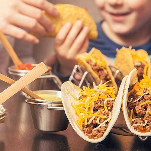 Miniatura 4 de TOPINCN Soporte para tacos de acero inoxidable, 3 rejillas en forma de V, bandeja para tacos con taza de salsa, bandeja de metal para servir