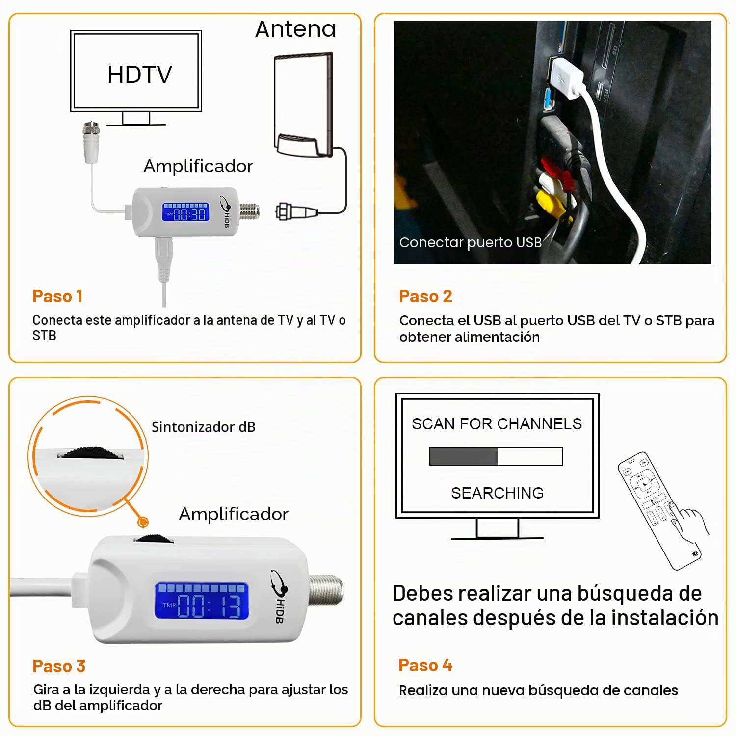 Amplificador de señal de antena de TV, amplificador de antena de TV de alta ganancia de 25 dBi para TV 4K HDTV, bajo ruido, ganancia y temporizador ajustables, alimentado por USB, amplificador de