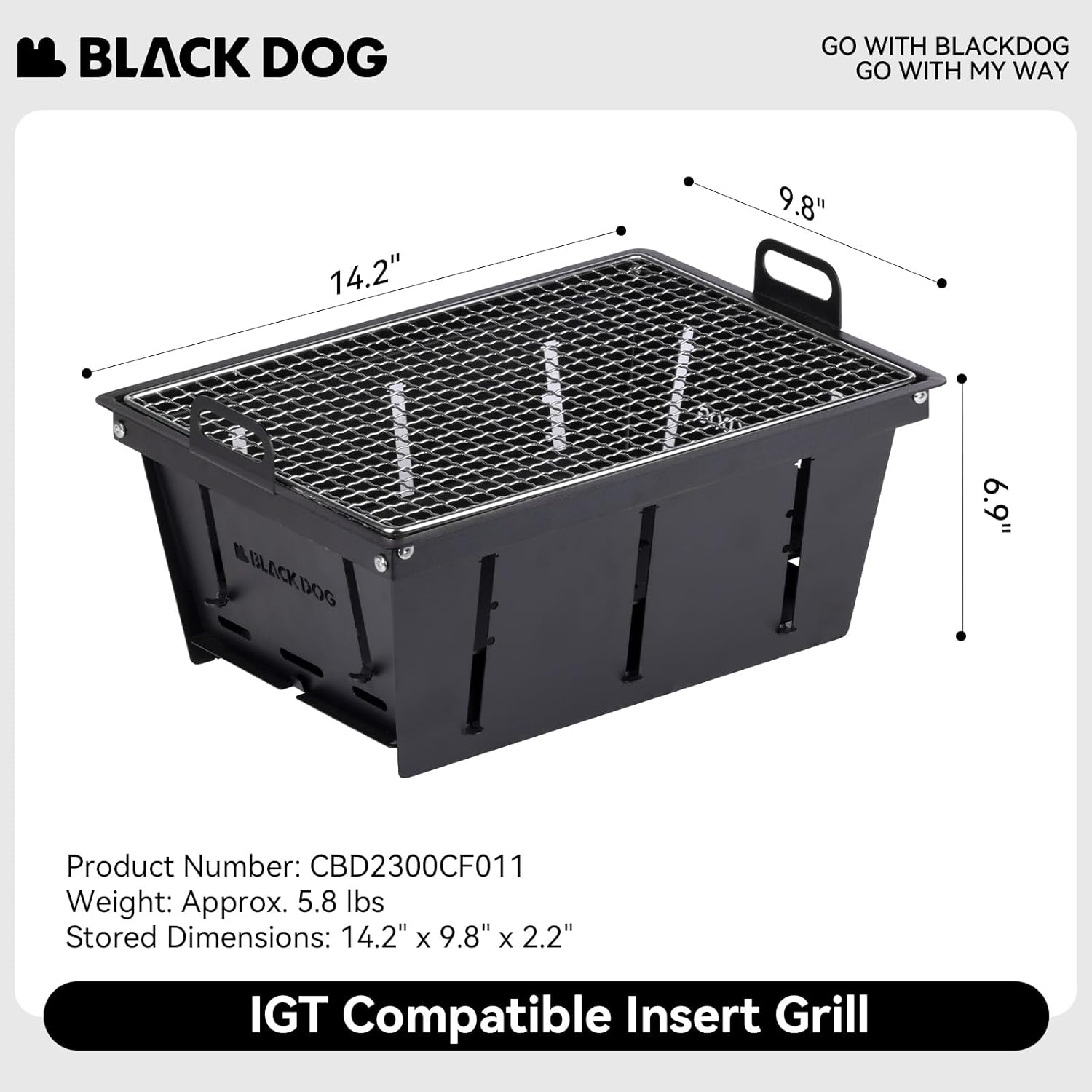 BLACKDOG IGT Compatible Insert Grill, Foldable Carbon Steel Charcoal Module for Modular Camp Kitchen Systems, Rapid Setup Handles, 14.2" x 9.8", Perfect Flush Fit