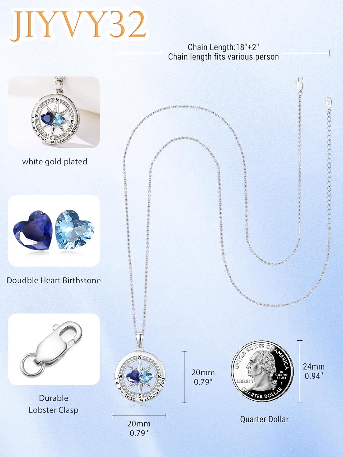 Compass Birthstones Necklace for Women, Exquisite S925 Necklace Anniversary Birthday Gifts for Wife Her Double Birthstone Pendant jewelry ‘I'd be Lost Without You’