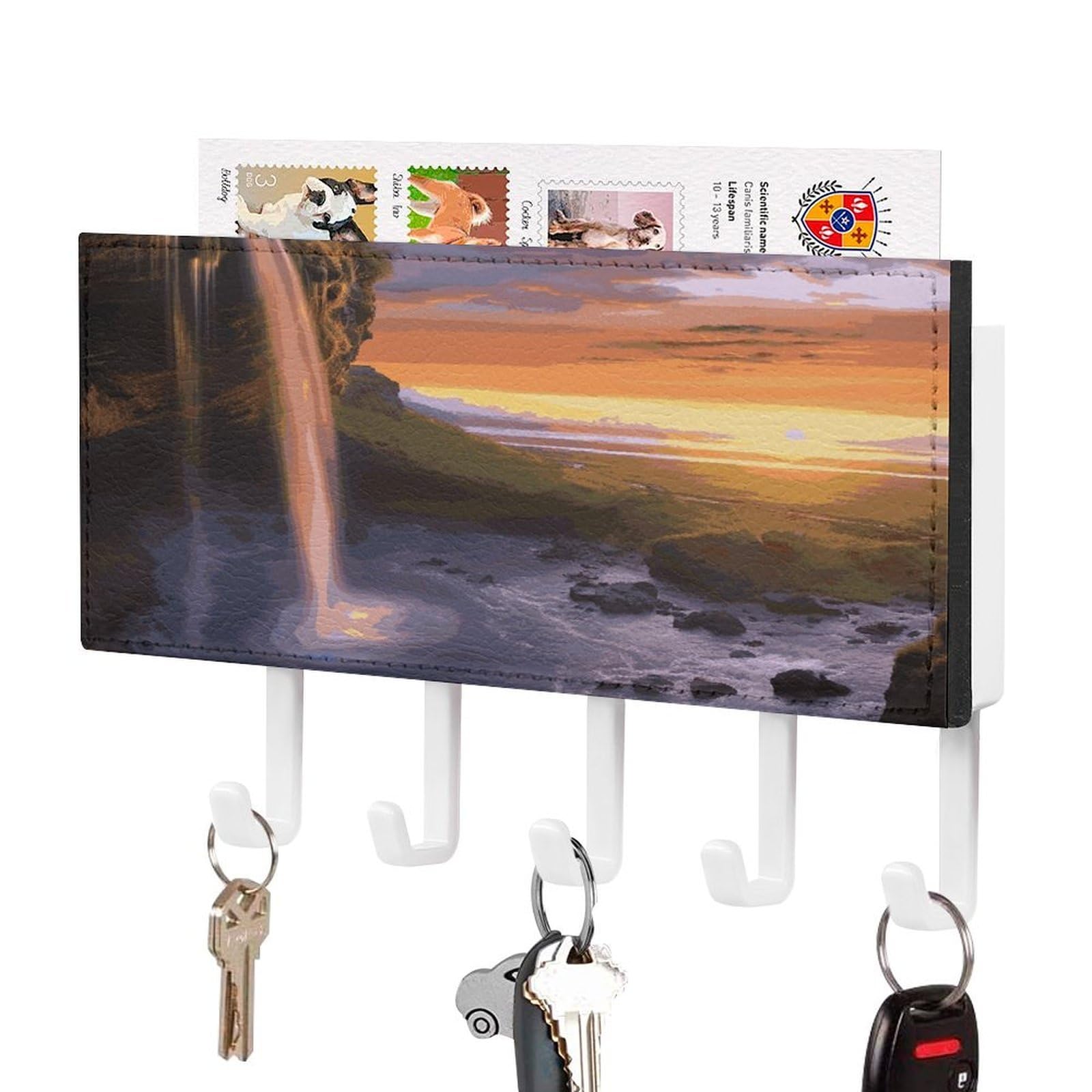 Vstadank White-Style Waterfall At Sunset Key Holder For Wall Mount With 5 Hooks Decorative Key And Mail Holder Farmhouse Wall Hooks With Shelf Pu Leather Key Rack With Mail Holders For Entryway Home