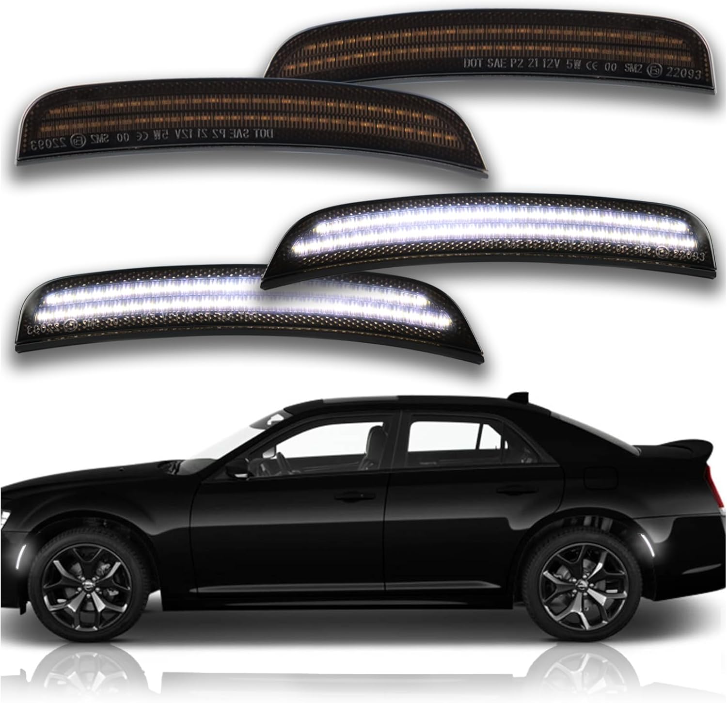 Smoked Lens White Front Fender LED Side Marker Lights Kit Compatible with Chrysler 300 Sedan 2015-2024 Rear Bumper Side Marker Lamps 4PCS (White Light)