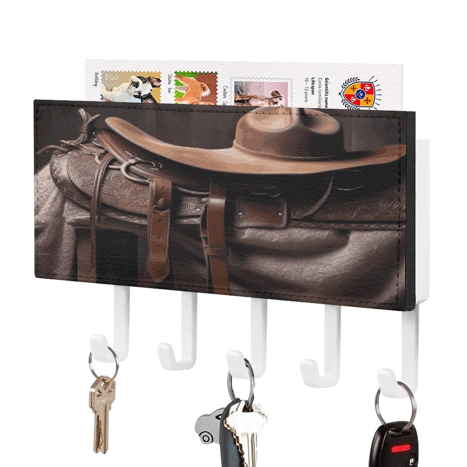 Vstadank White-Style Horse Saddle With A Cowboy Hat Wild Key Holder For Wall Decorative Mail Organizer Exquisite Coat Rack Pu Wall Mount Adhesive Keys Rack With Tray&5 Key Hook For Door Hallway Entryway Decor