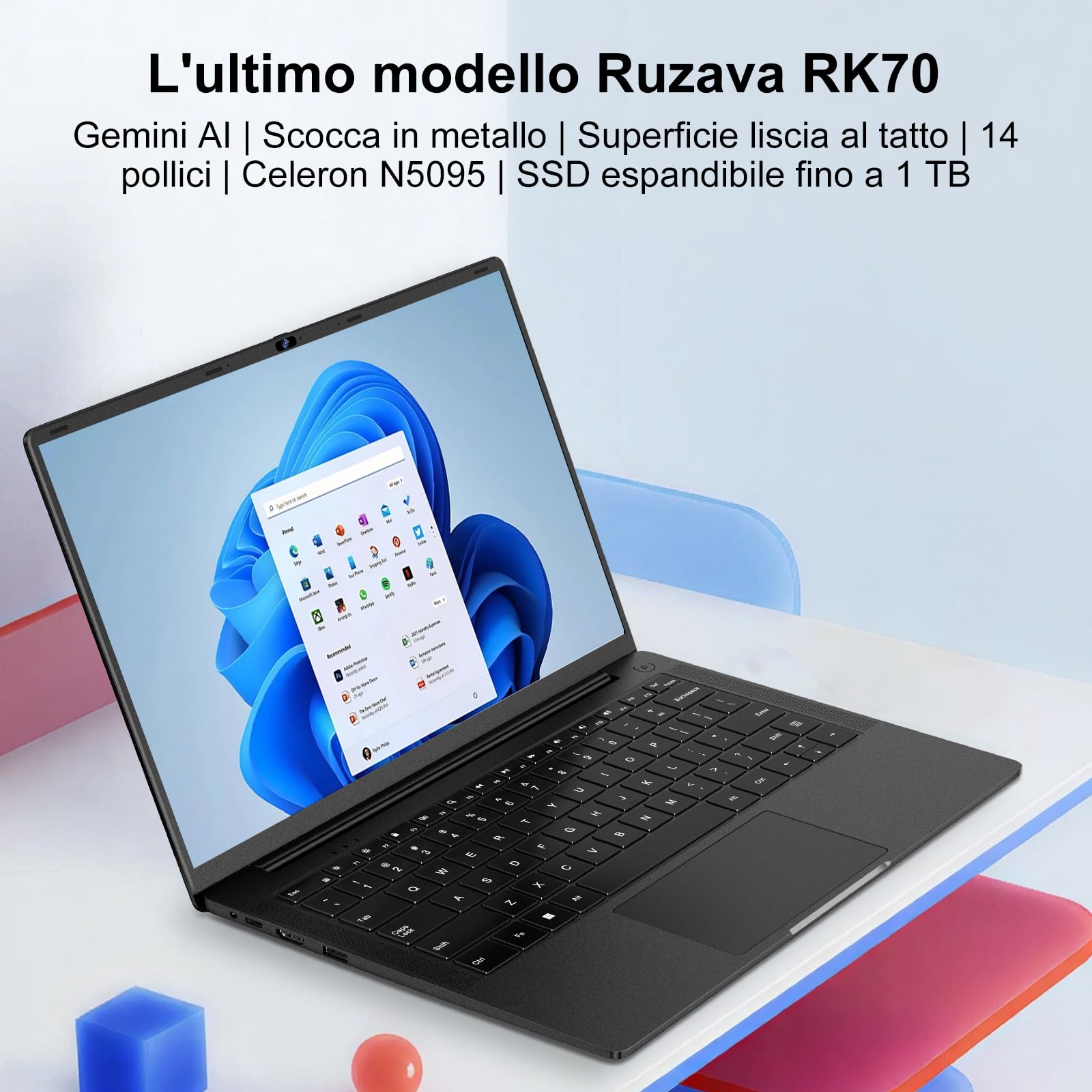 Pc Portatile 14 Pollici Win11 Notebook Celeron N5095 Upto 2,9 GHz Laptop 8GB RAM 256GB SSD TF 1TB LPDDR4 5G WiFi 1920*1080 FHD USB 3.0 Laptop QWERTY Tastiera Film Italiana - Nero Corpo in Metallo