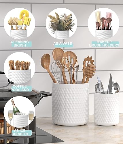 Miniatura 5 de Paquete de 2 organizadores de cerámica para utensilios, soporte grande para espátula, decoración de cocina de granja para cubiertos, cucharas y