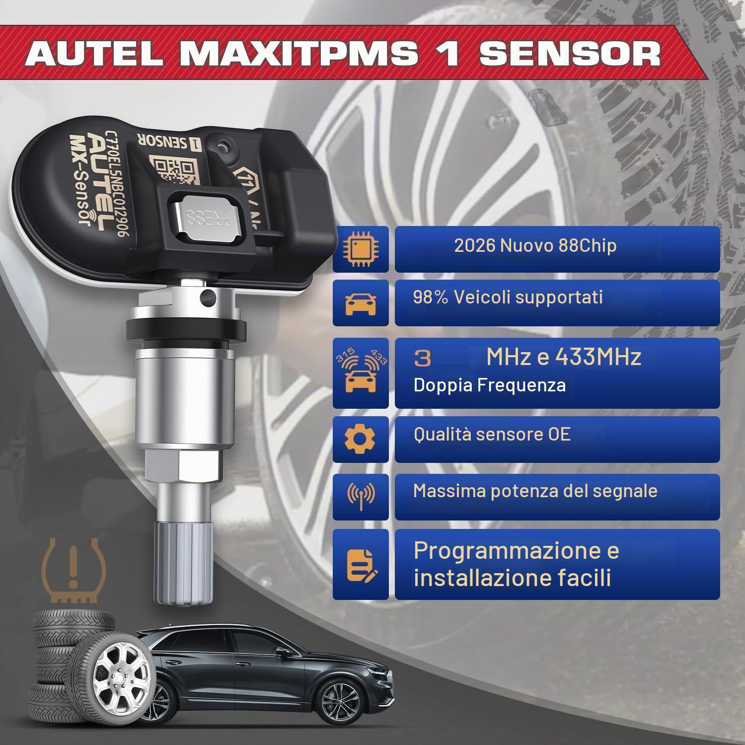 Autel TPMS MX Sensore Sostituzione Pneumatico a Doppia Frequenza per Tutte Automobili, Identico al Sensore OE, Sensor Sistema Monitoraggio Pressione Clonabile 100% (Valvola Metallo, 1 Pezzo)