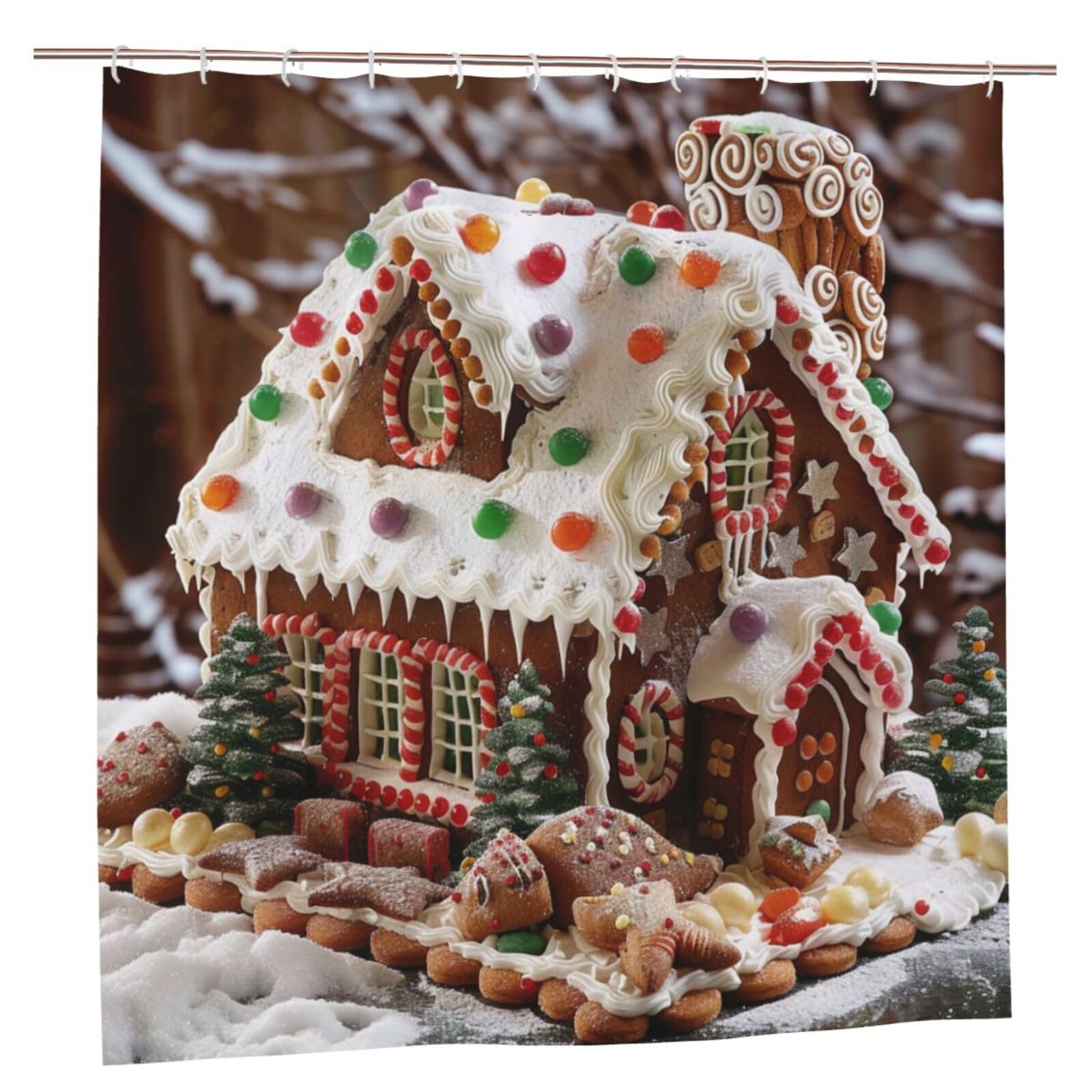 BWWHCCTI Christmas Gingerbread Like Village House Printed Shower Curtain With 12 Plastic Hooks Opaque Quick Drying Waterproof Shower Curtains Sets For Bathroom 183x183 CM