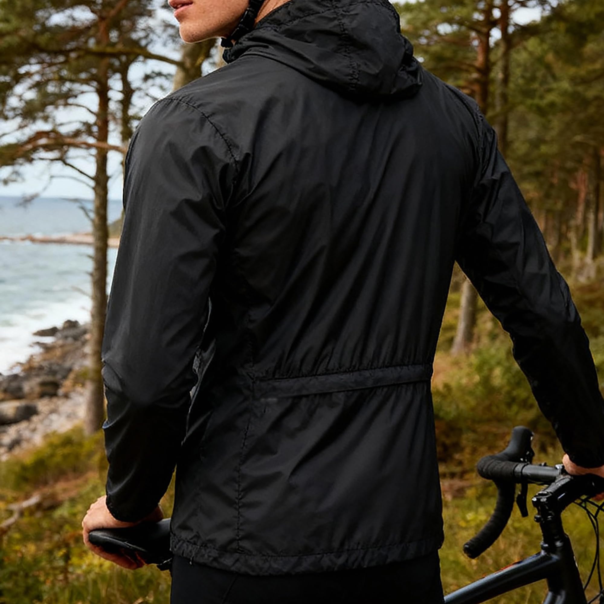 Chaqueta de ciclismo para hombre, Top de ciclismo hombre, Chaqueta de Lluvia Reflectante con Capucha Bolsillo Trasero para senderismo, cortavientos, exteriores