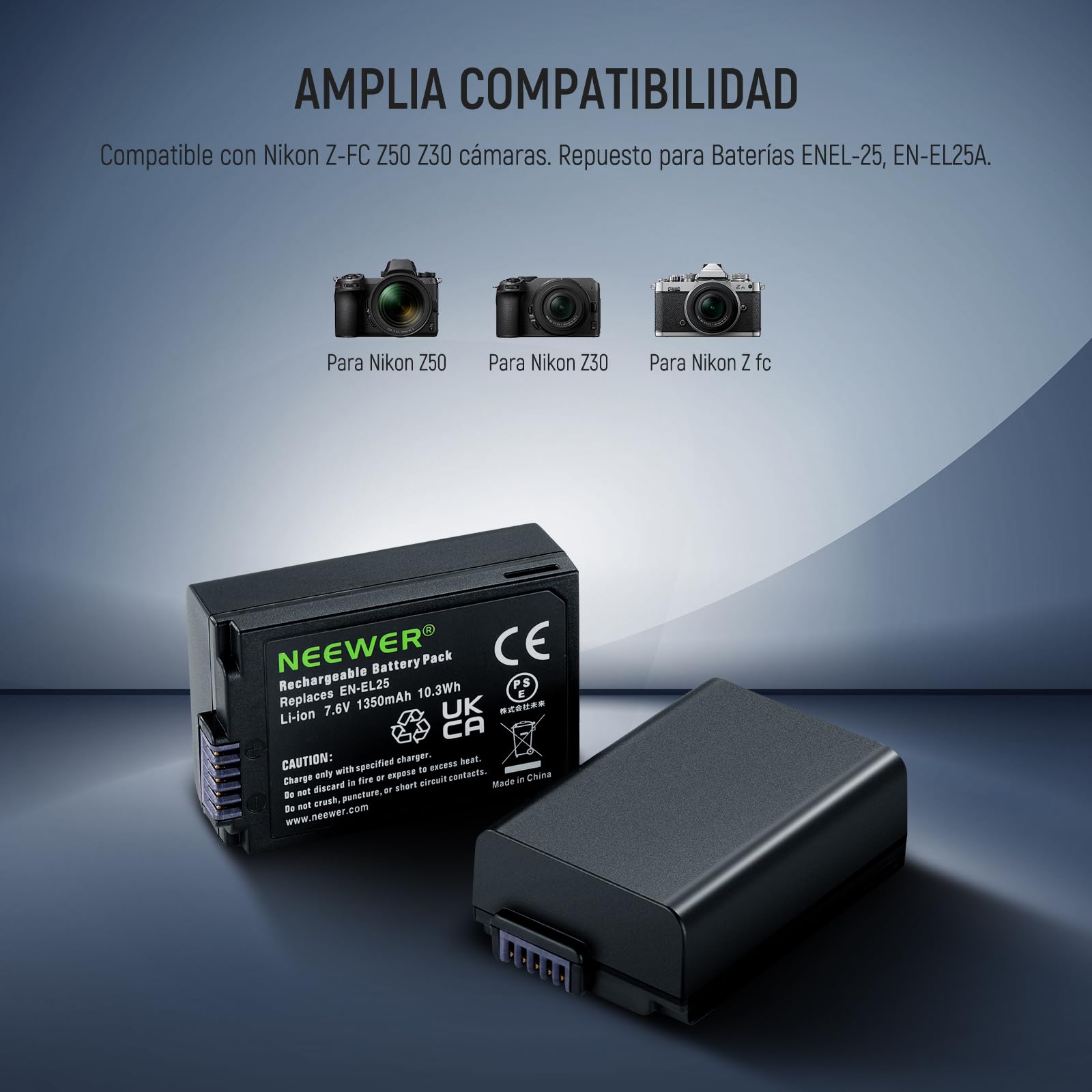 NEEWER EN-EL25 - Batería de Repuesto y Cargador USB, 2 Unidades, 1350 mAh y Cargador USB de Doble Canal Tipo C, Compatible con cámara Nikon Z30 Z50 ZFC 4241 EN-EL25 batería MH-32