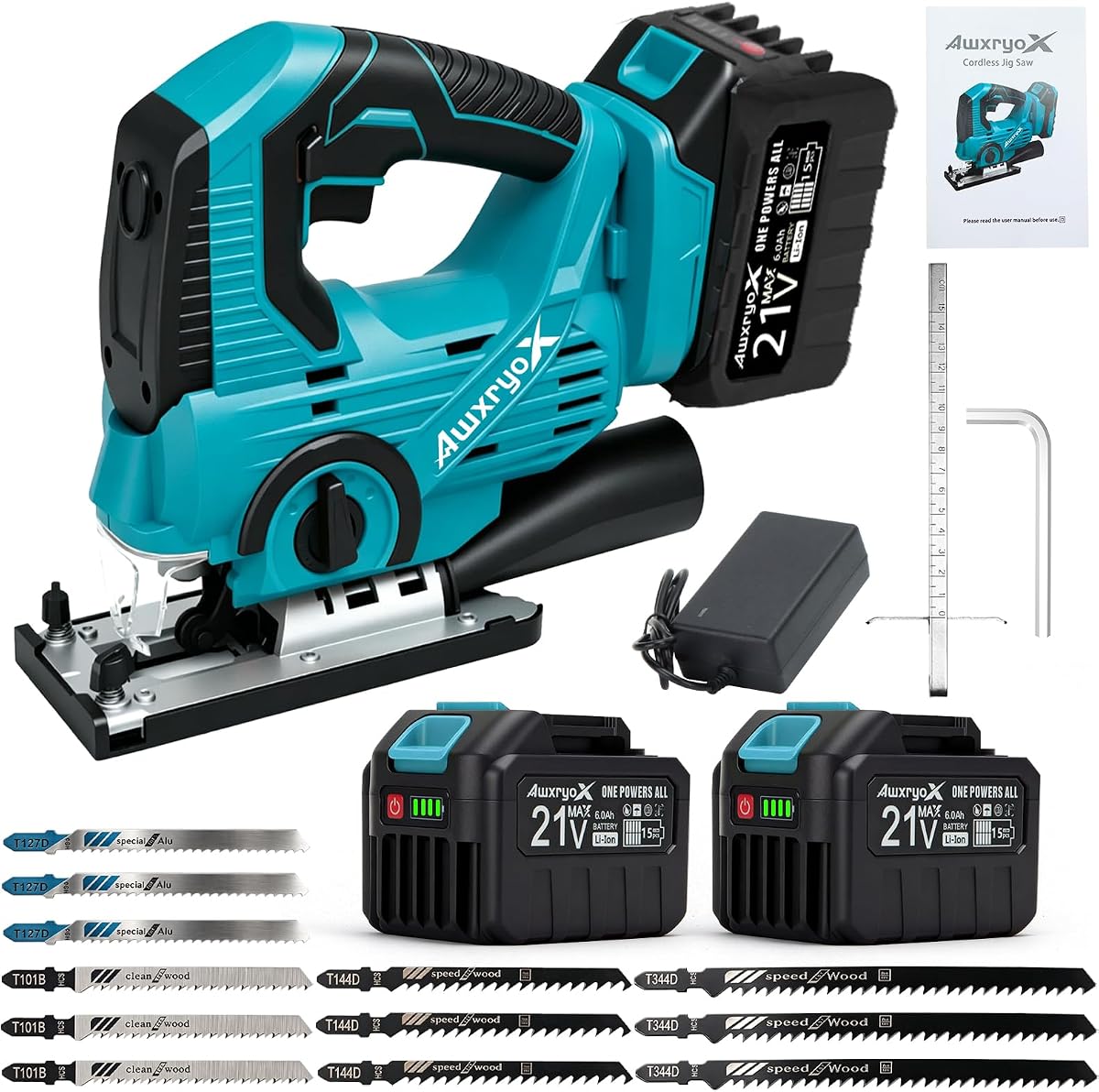 AwxryoX 21V Cordless Jigsaw,Jig Saw with 2×6.0Ah Battery for Woodworking | 4 Orbital Settings,3000RPM,±45°Bevel Cuts,12 Blades;Caladora Eléctrica for Straight,Curve & Circle Cutting