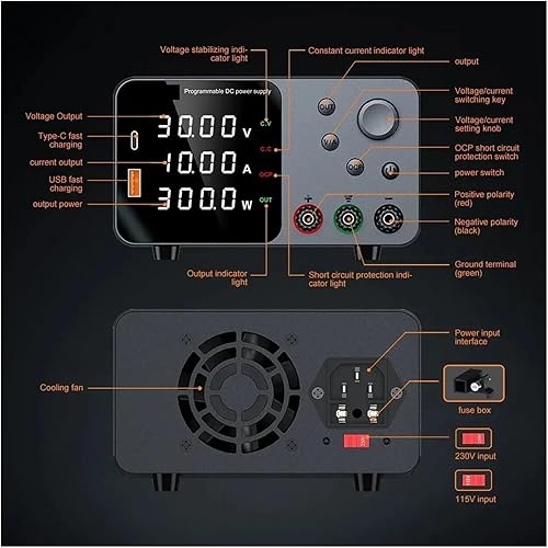 Miniatura 7 de Fuente de alimentación de 30V 10A CC Fuente de alimentación de banco de CC regulada de conmutación variable para carga rápida Pantalla LED de