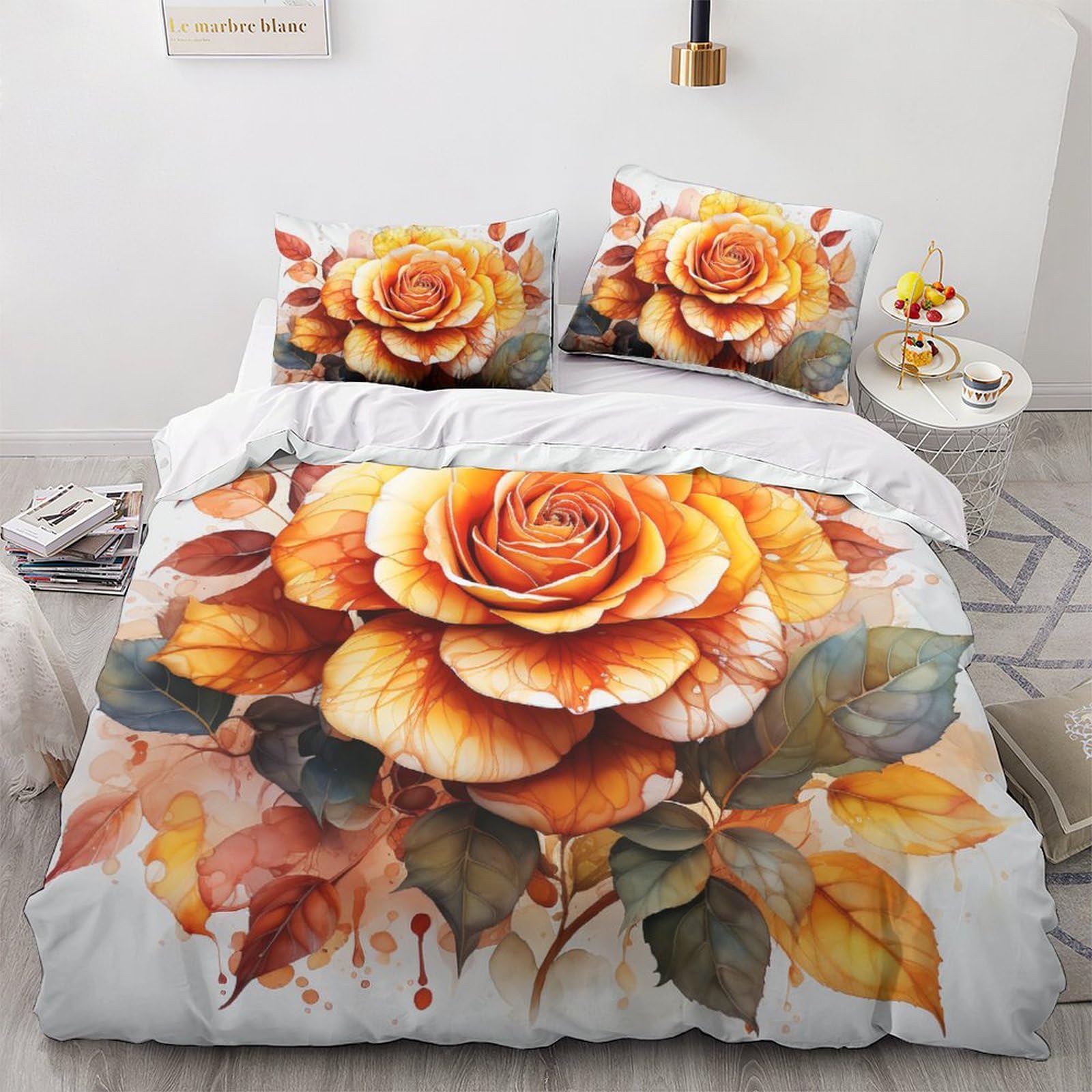 Parure de lit 2 personnes 200x200 rose en microfibre avec housse de couette imprimée 3D et taies