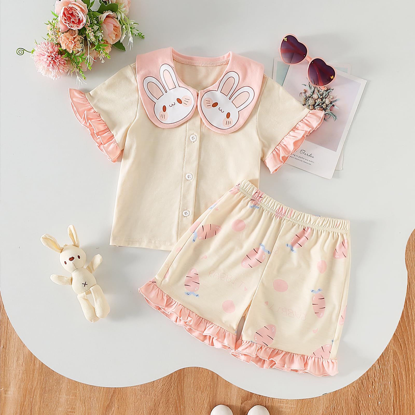 MAINESAKA Toddler Baby Girl Easter Bunny Pajamas Short Sleeve 2 Piece Button Down Pajama Set Summer Shorts Pjs Cute Sleepwear (A-Yellow, 3-4 Years)