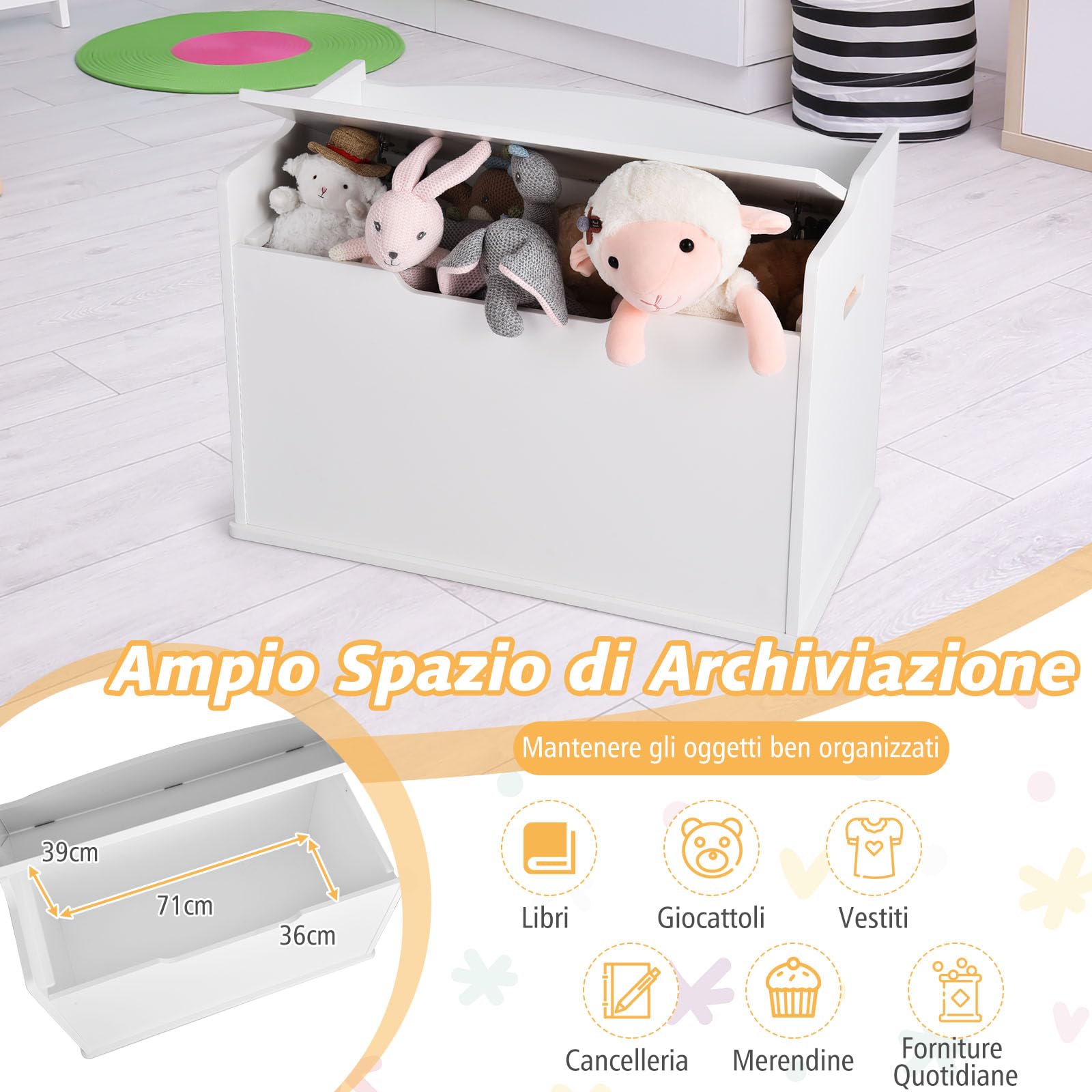 GYMAX Scatola Porta Giochi in Legno, Contenitore per Giocattoli con Coperchio Sollevabile, Panchina con Cuscino, Grande Capacità, Maniglie Incorporate, 74 x 39 x 52 cm (Bianco)