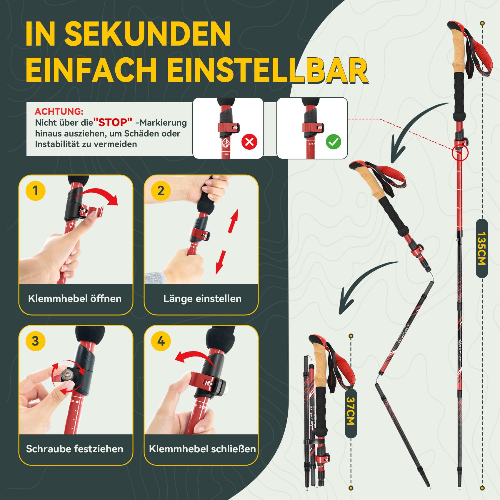 Clostnature Wanderstöcke Faltbar Carbon, Leichte Faltbare Trekkingstöcke | Walking Stöcke für Damen, Herren und Senioren, mit Korkgriff, Nordic Walking Stöcke für Wandern, Trekking und Bergsteigen